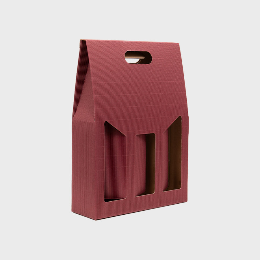 3 Bottle burgundy fluted gift box with windows from high-density rigid paperboard.