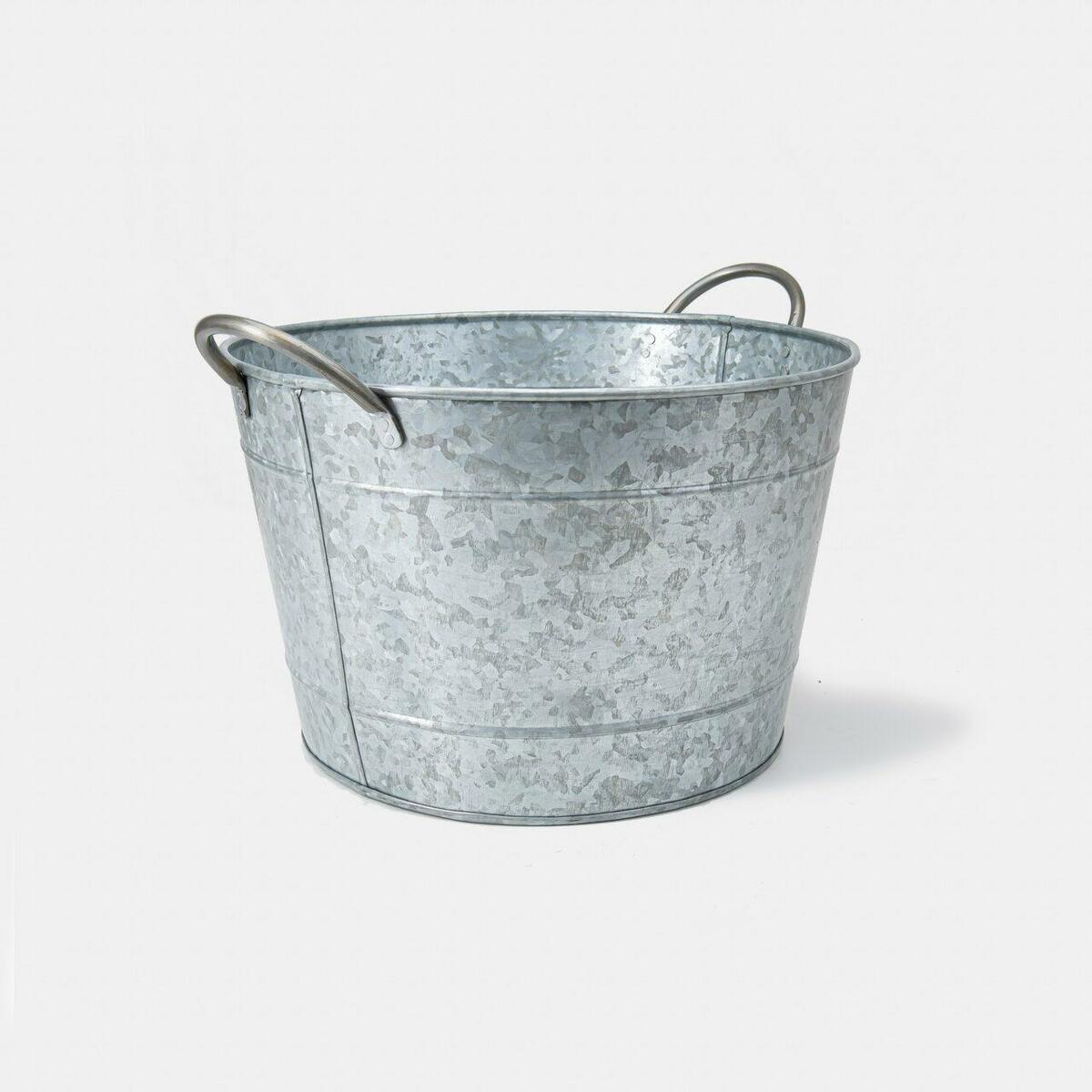 Metal display bucket.