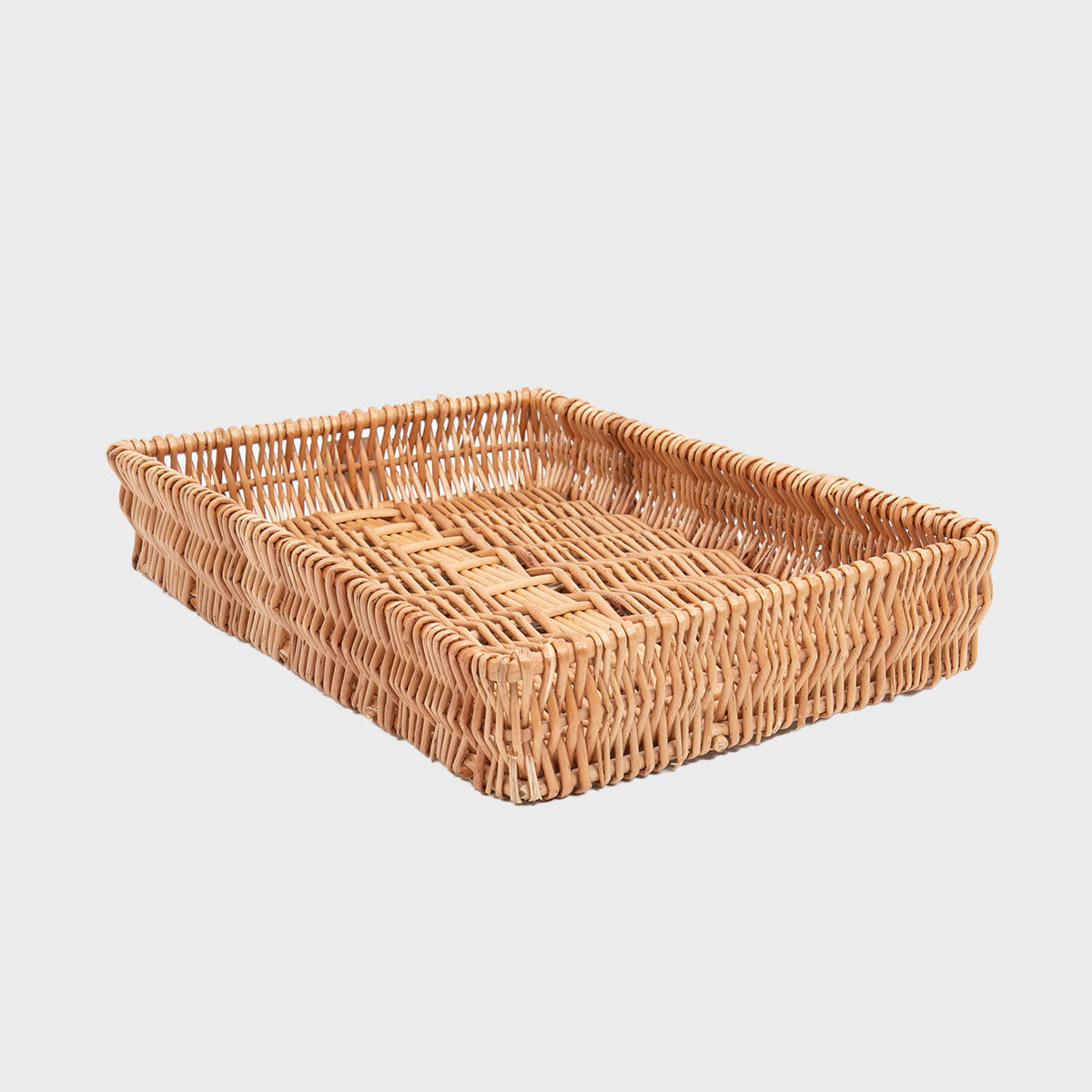 Large wicker tray with structured, low-profile walls and open-top design.