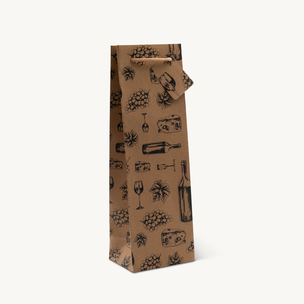 1 bottle wine and cheese gift bag featuring a patterned finish and heavy-duty handles.