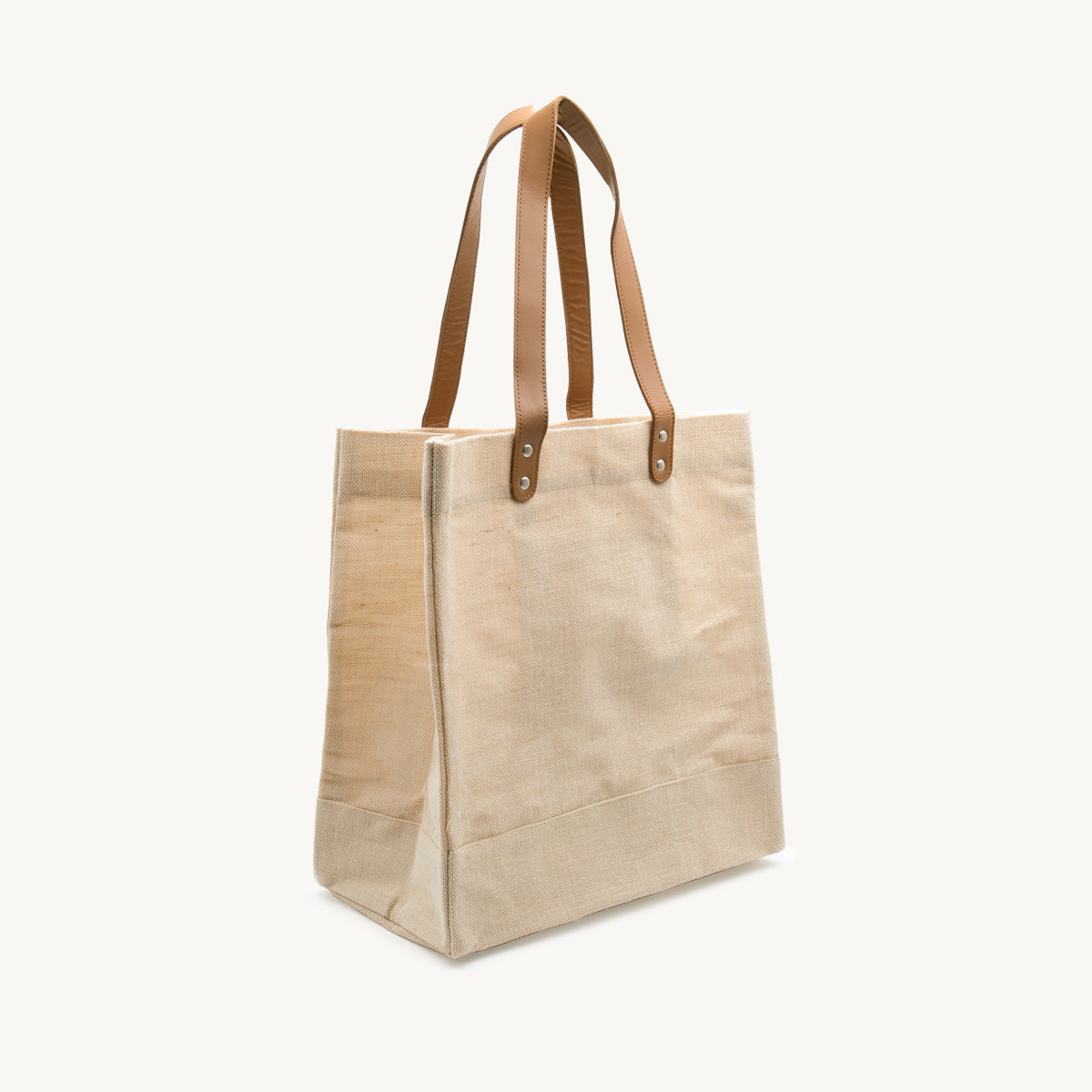 Large natural juco shoulder market bag with leather handles.