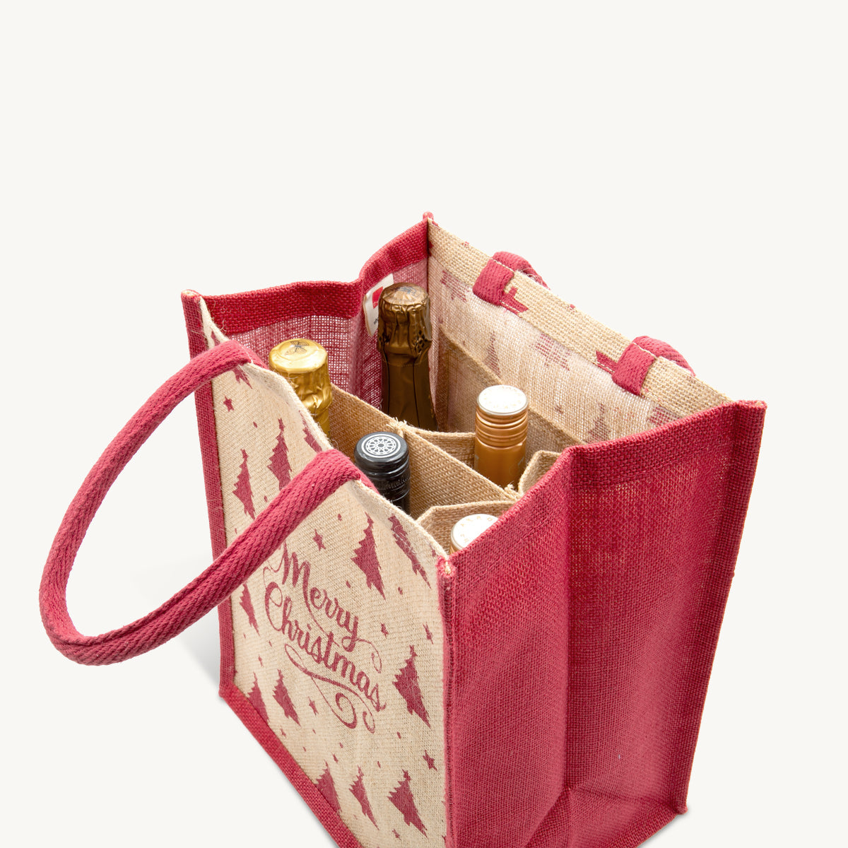 6 bottle natural jute Merry Christmas wine bag.