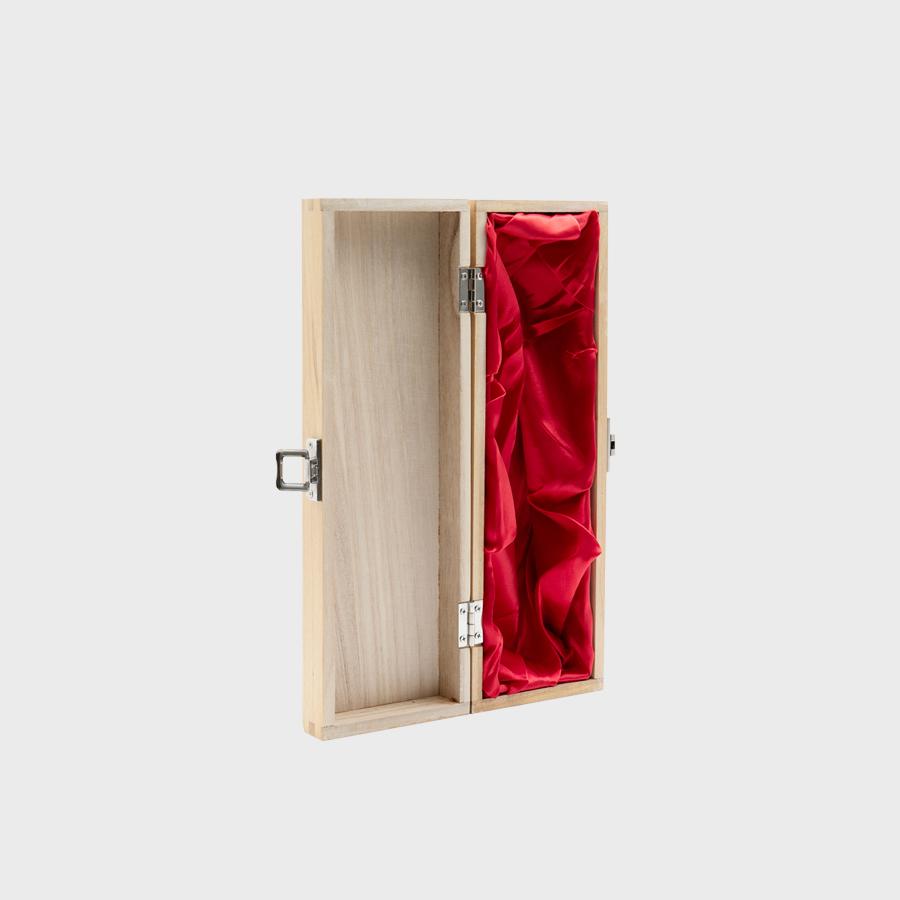 1 Bottle hinged wooden wine box with silk lining with premium natural wood grain and secure hardware closures.