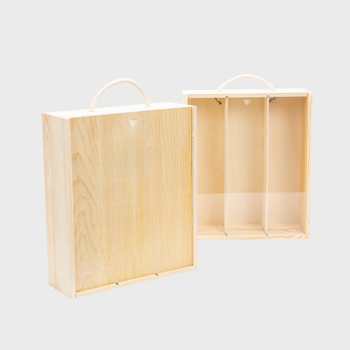 3 Bottle wooden box with rope handle with premium natural wood grain and secure hardware closures.