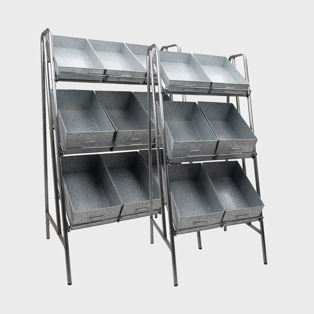 Camberwell retail stand 3 shelf with chatto metal tray featuring a multi-tiered layout for product positioning.