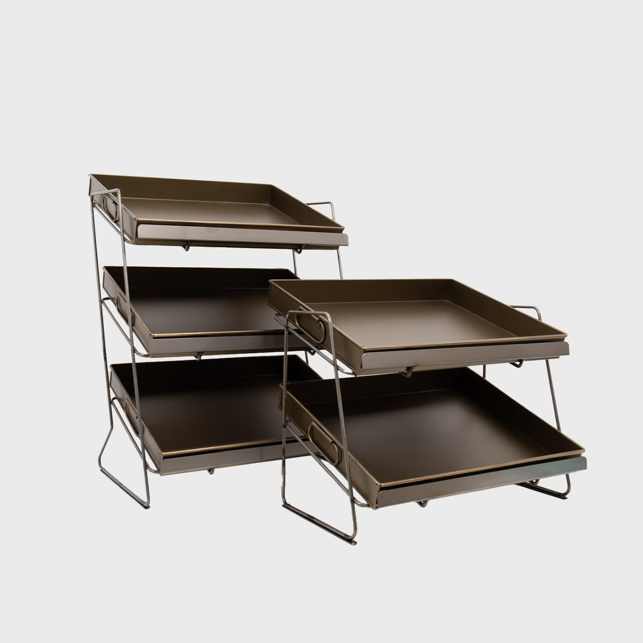 Railton countertop display unit with medium brass metal trays featuring a multi-tiered layout for product positioning.