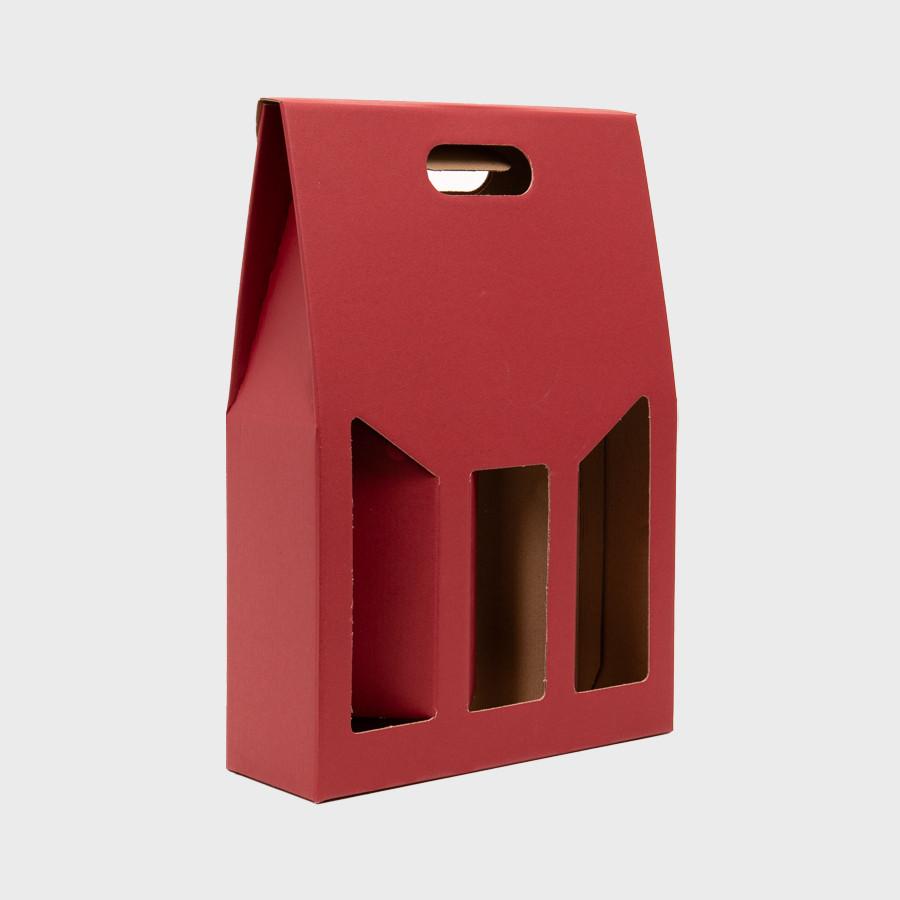 3 Bottle red top opening gift box with windows from high-density rigid paperboard.