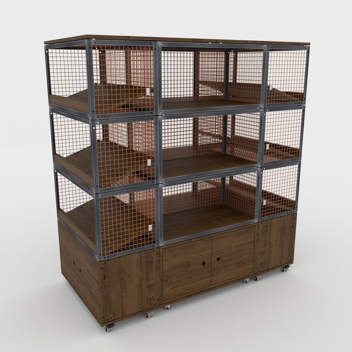 BRIX dark wood central island shelving 1600mm featuring a heavy-duty modular geometric profile layout.