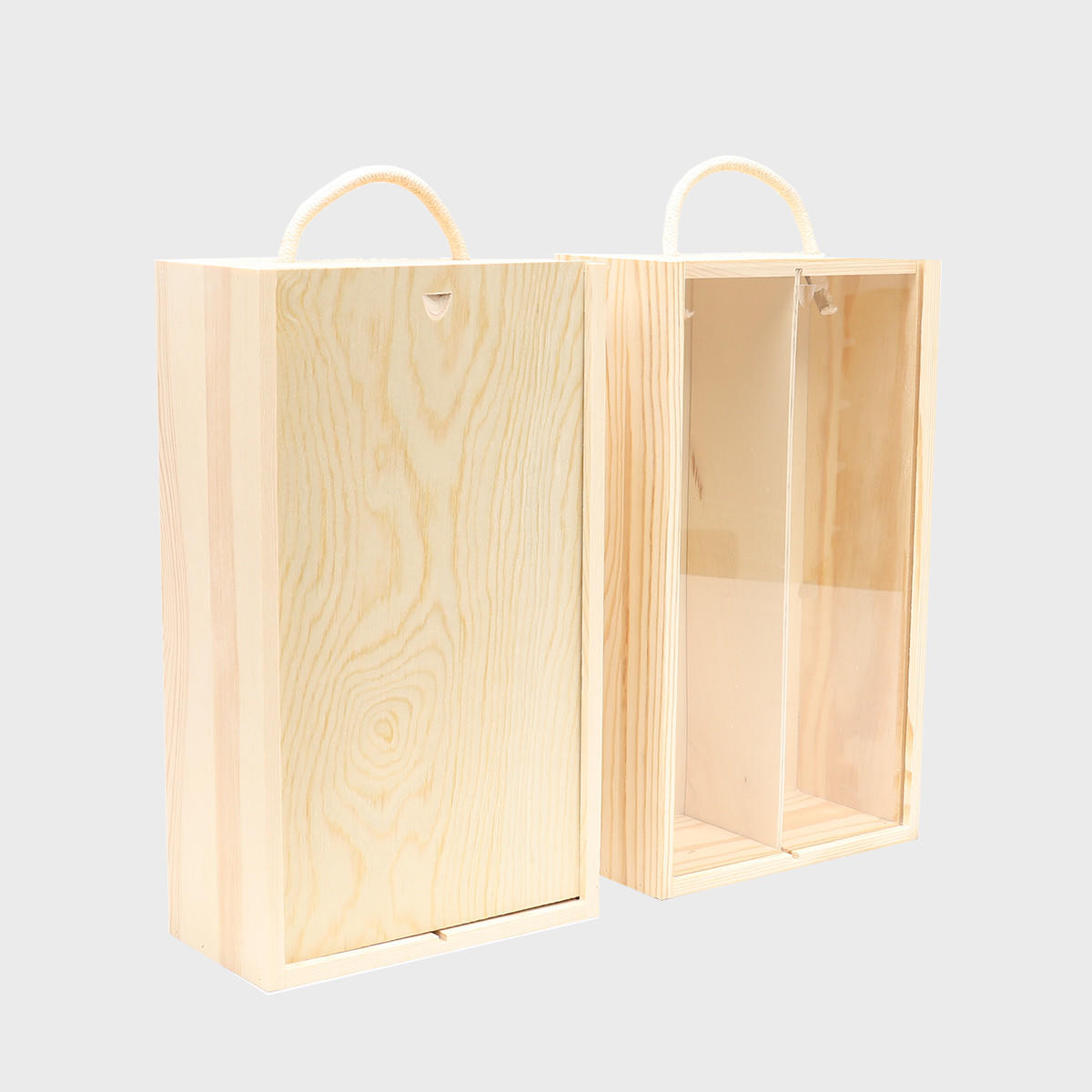 2 Bottle wooden box with rope handle with premium natural wood grain and secure hardware closures.