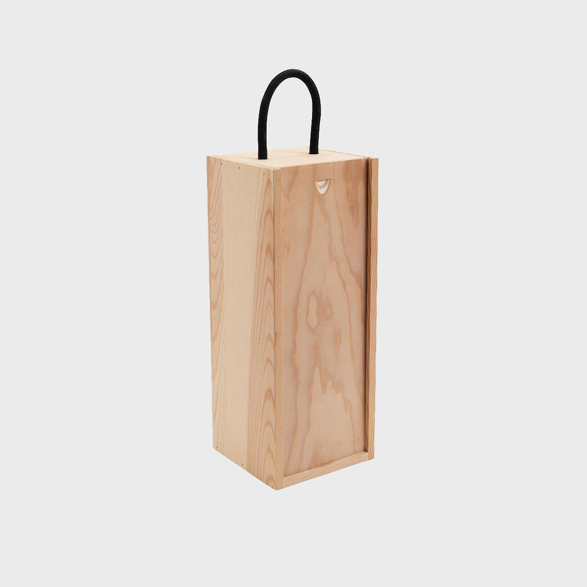 1 spirit bottle wooden box with black rope handle with premium natural wood grain and secure hardware closures.