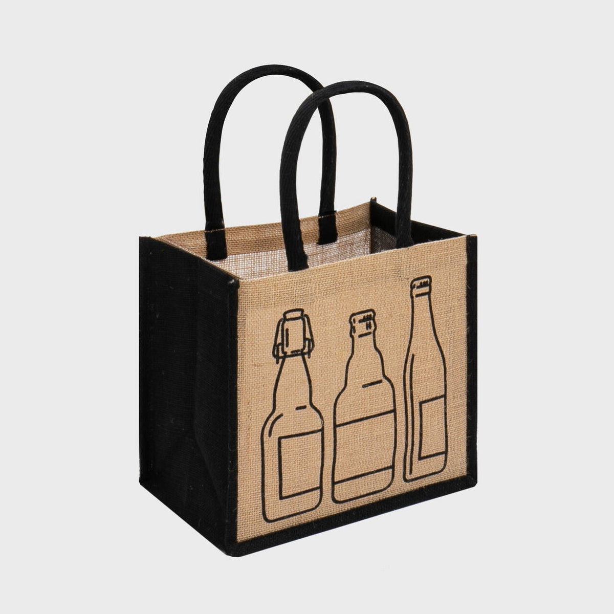 6 beer bottle printed jute bag with removable dividers.