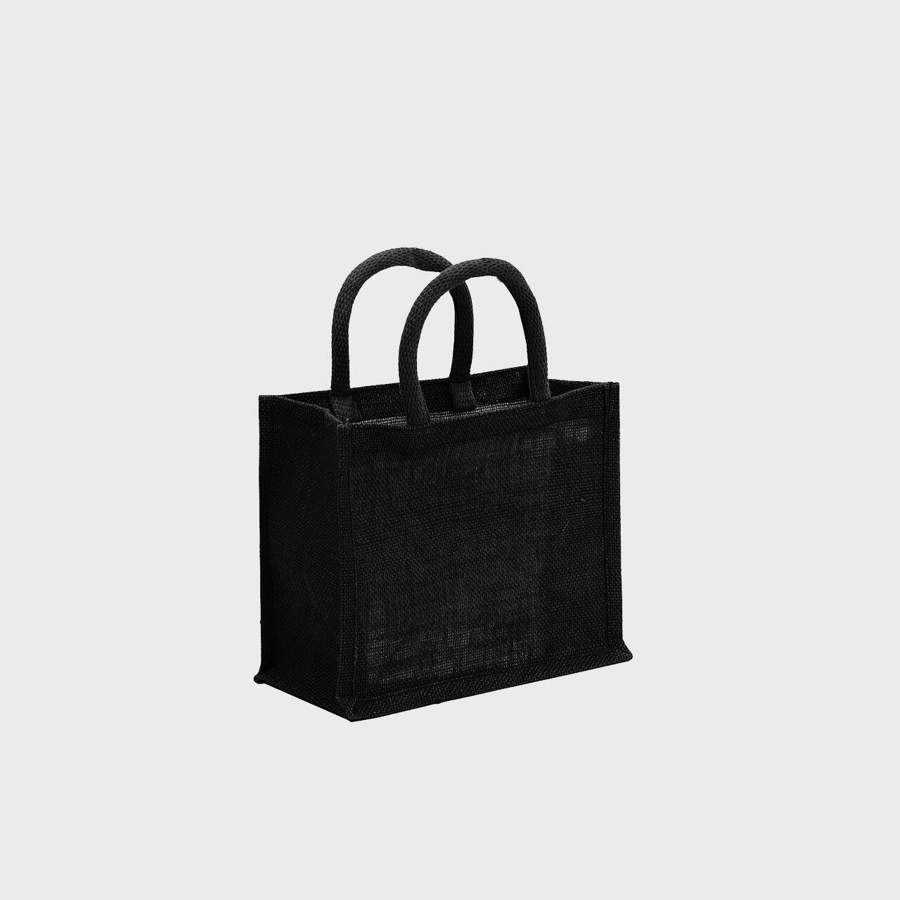 Mini black jute bag with padded handles.