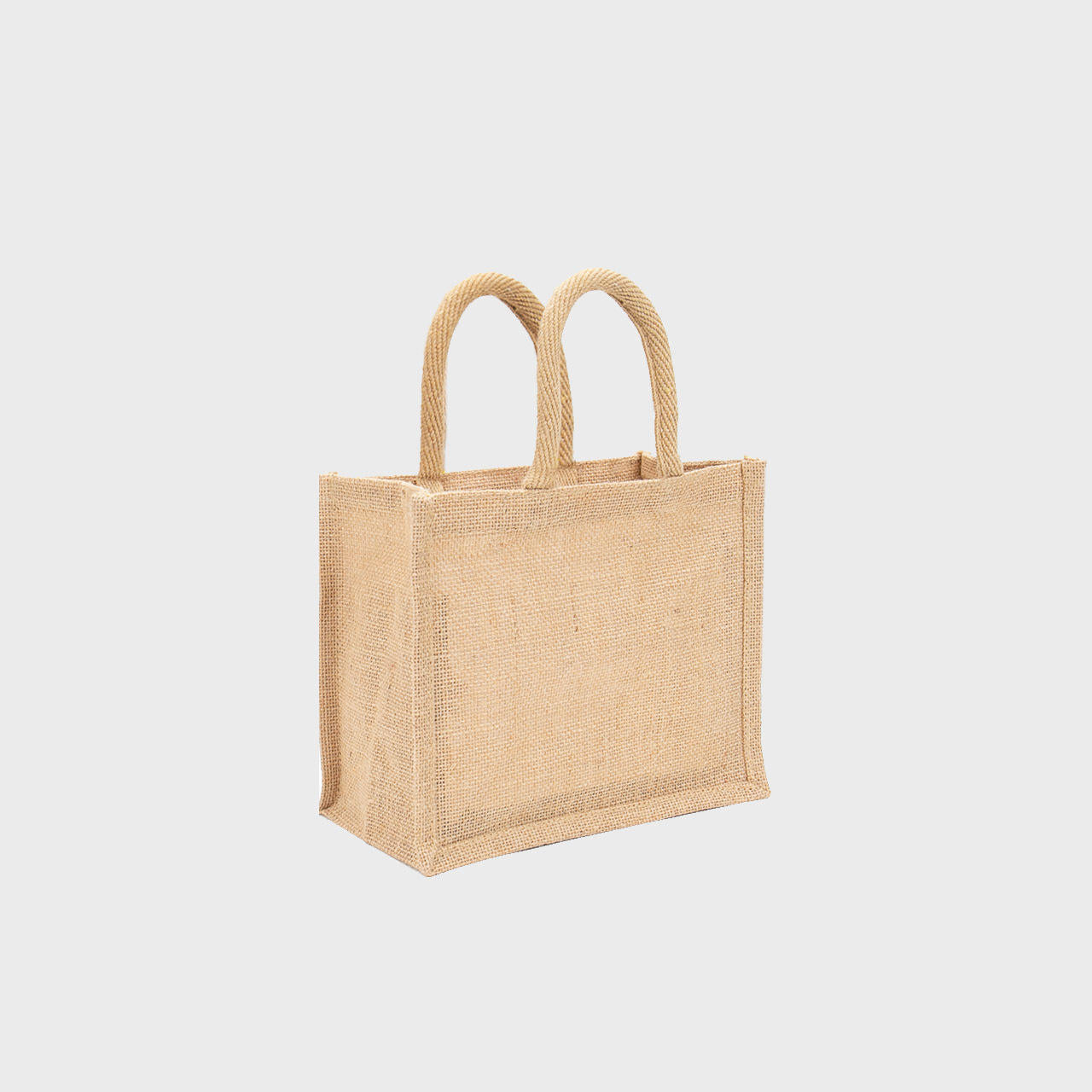 Mini natural jute bag with padded handles.