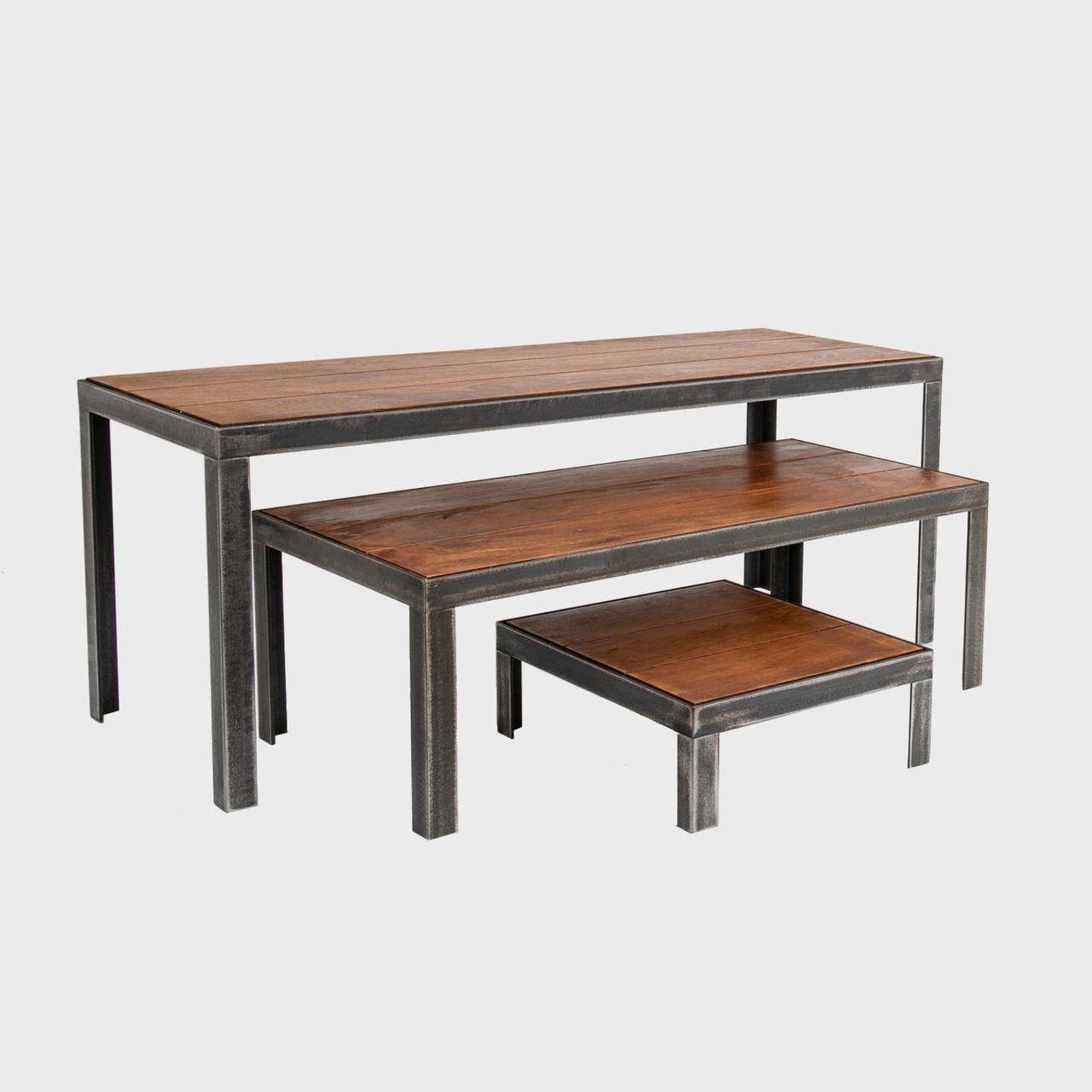 Dark wood countertop riser with metal frame designed to add functional height and dimension.