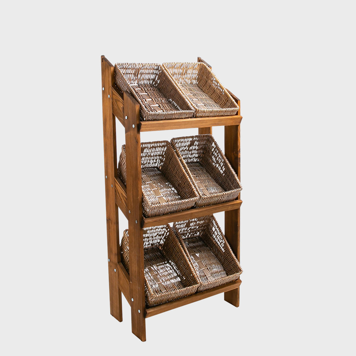 Norwood 3-shelf dark oak stand with angled narrow rustic wicker 650 professional clean structural profile finish.