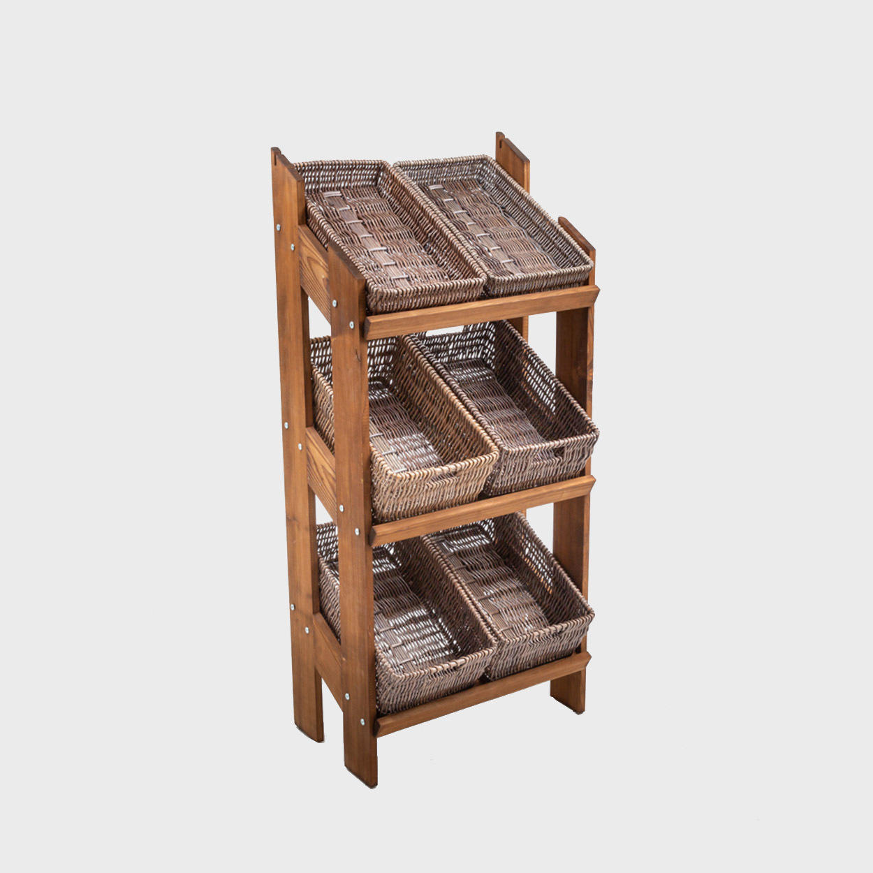 Norwood 3-shelf dark oak stand with dark wicker baskets 650 hand-woven from natural split-wicker.