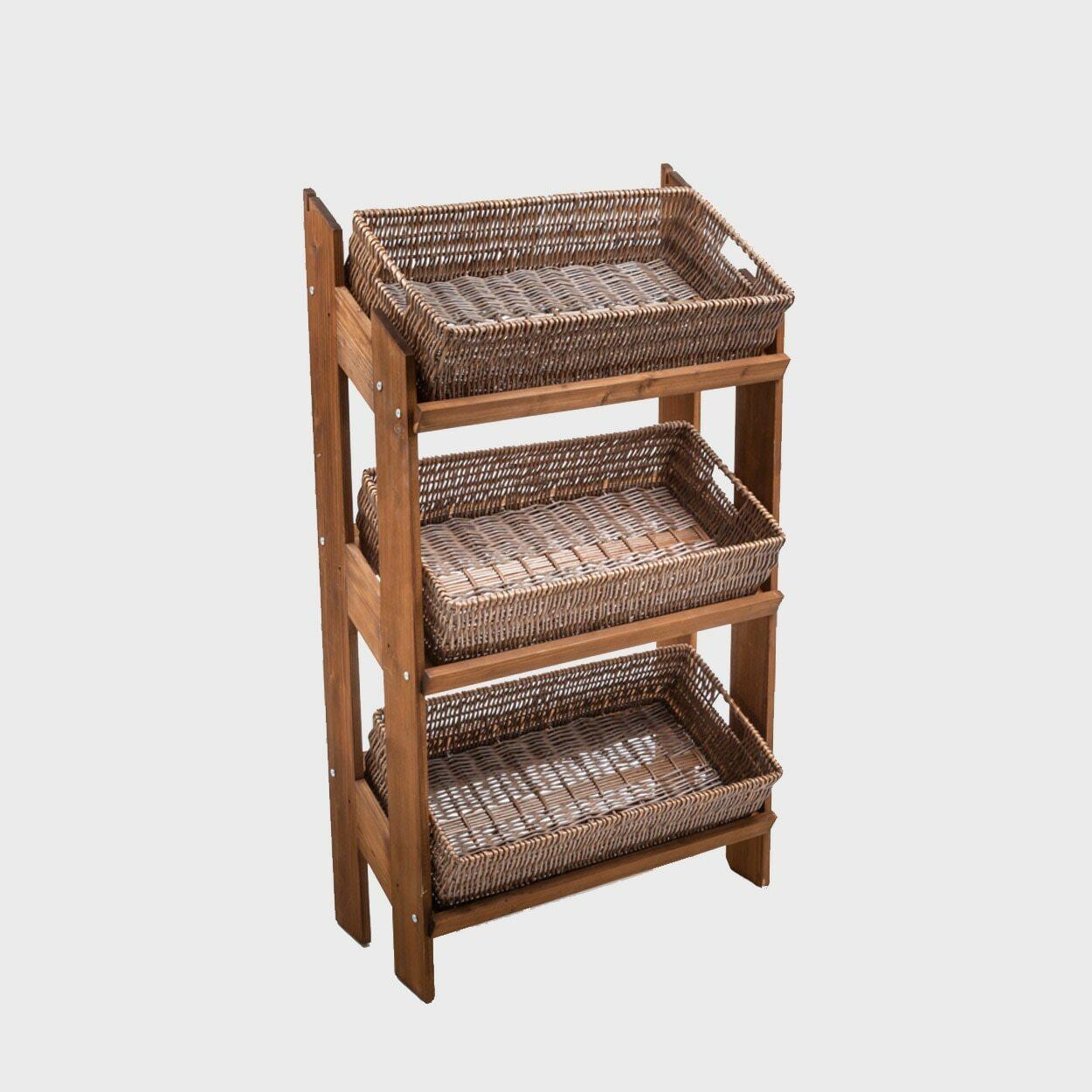 Norwood 3-shelf dark oak stand with dark wicker trays 820 with structured, low-profile walls and open-top design.