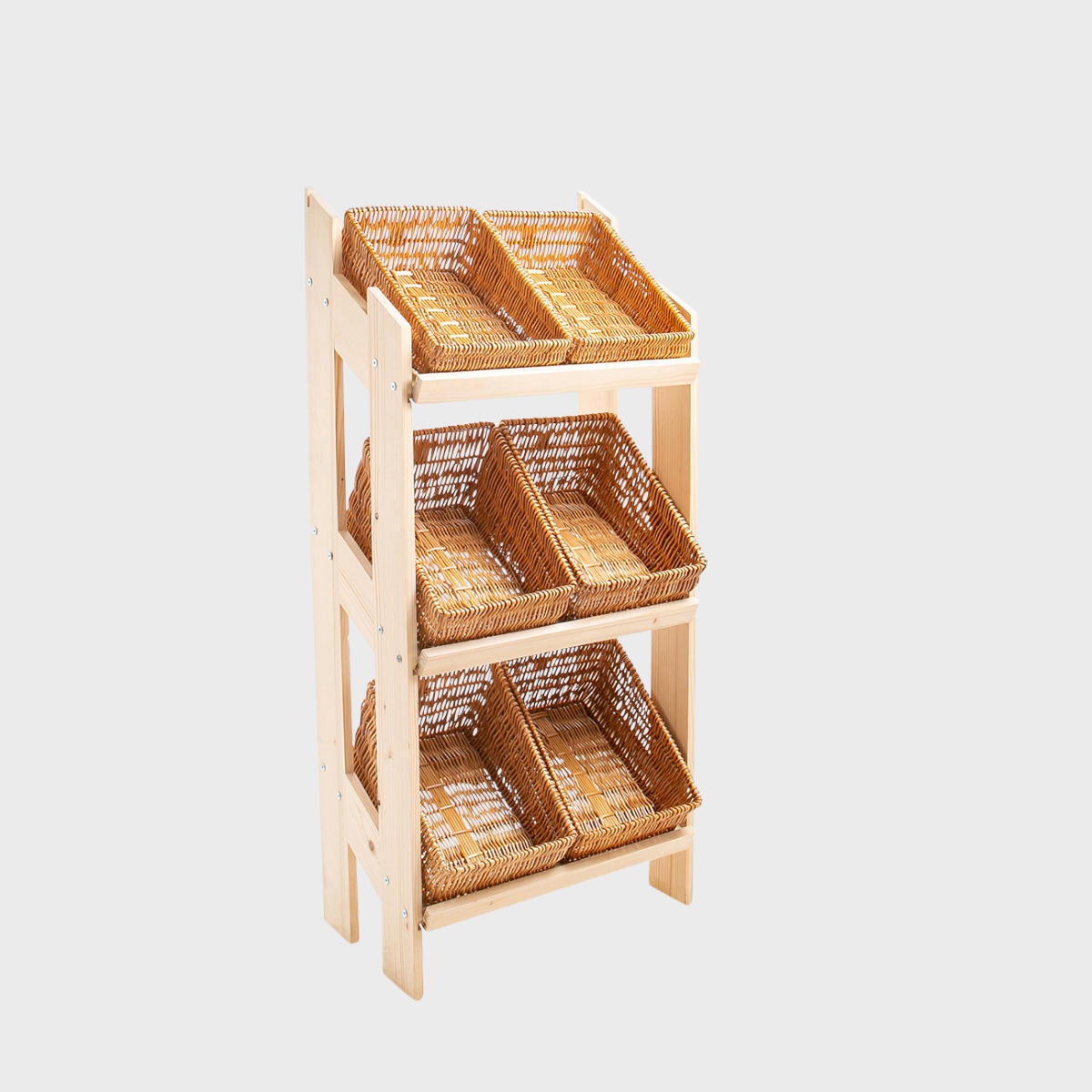 Norwood 3-shelf stand with angled narrow natural wicker 650 featuring a multi-tiered layout for product positioning.