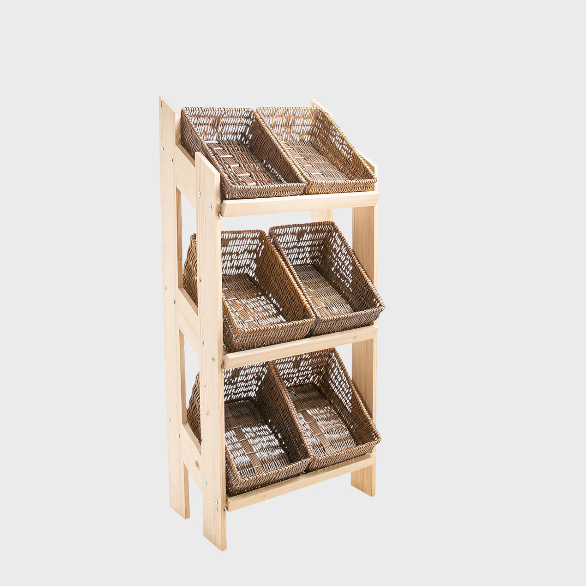 Norwood 3-shelf stand with angled narrow dark wicker 650 featuring a multi-tiered layout for product positioning.