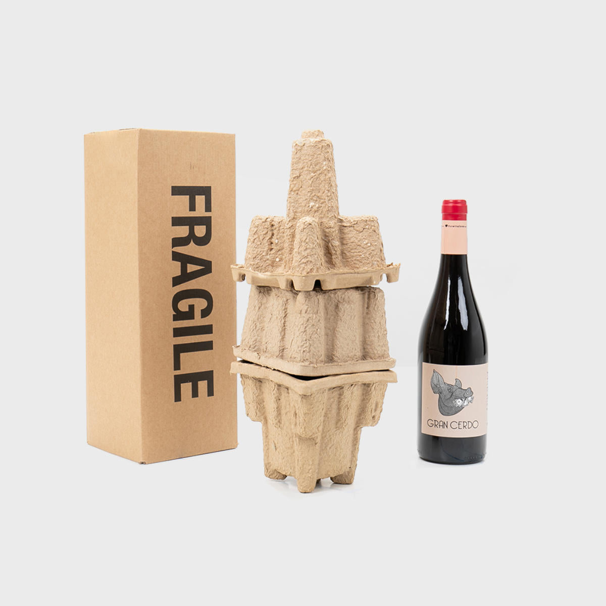 1 bottle Pulpsafe shipping box from thick, impact-resistant inner for bottle security.