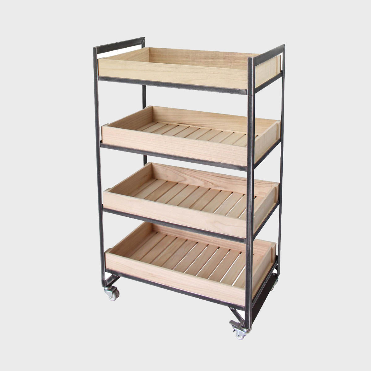 Kingsley 4 shelf trolley unit with timber chitting trays with structured, low-profile walls and open-top design.