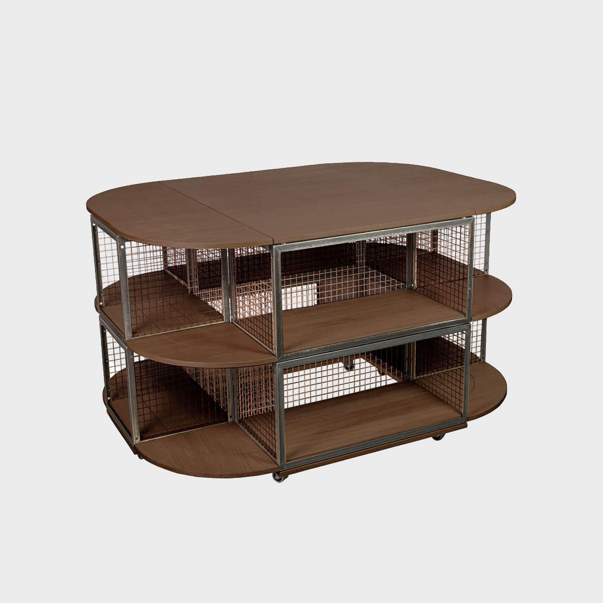 BRIX dark wood oval island on castors featuring a heavy-duty modular geometric profile layout.