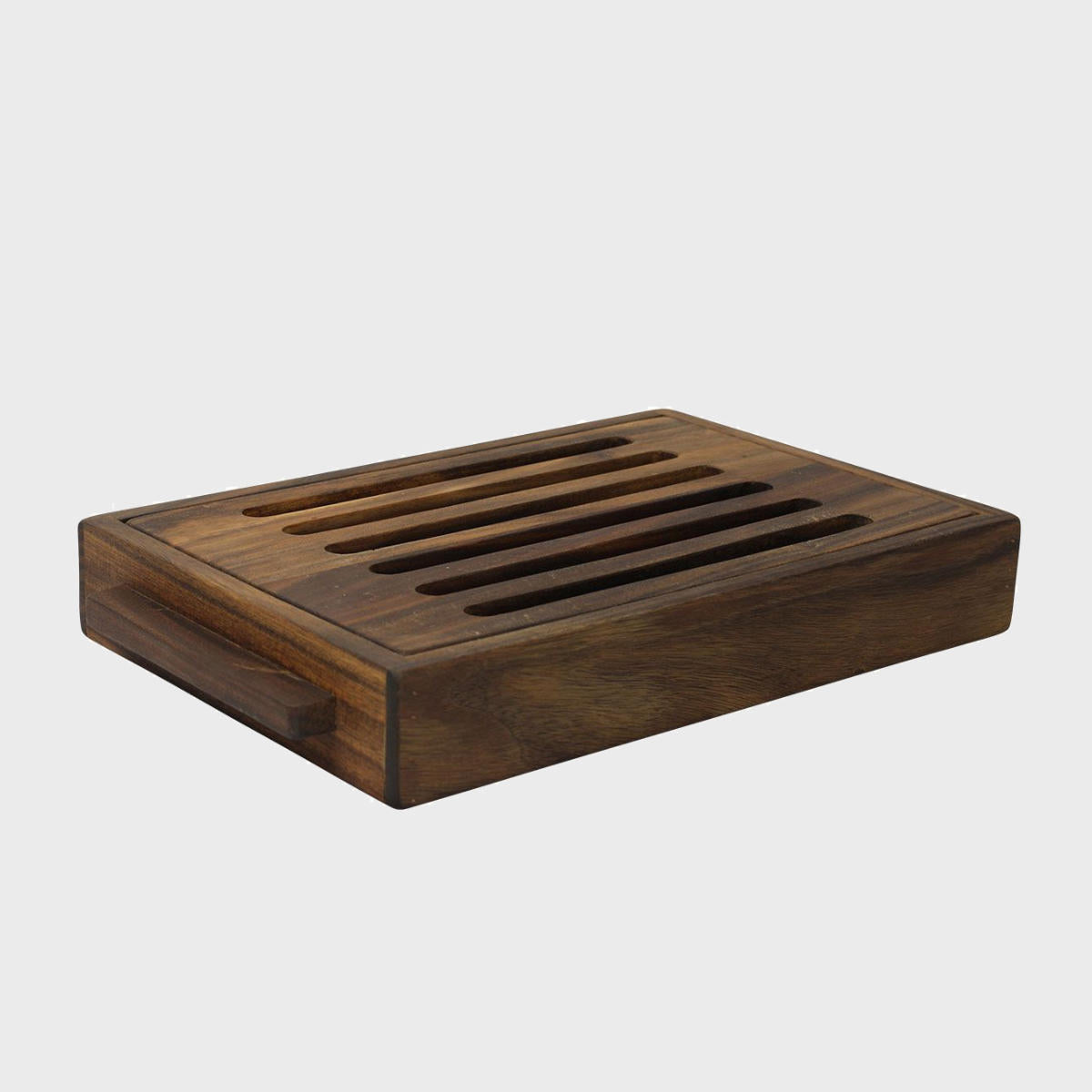 Bread board with removable tray with structured, low-profile walls and open-top design.