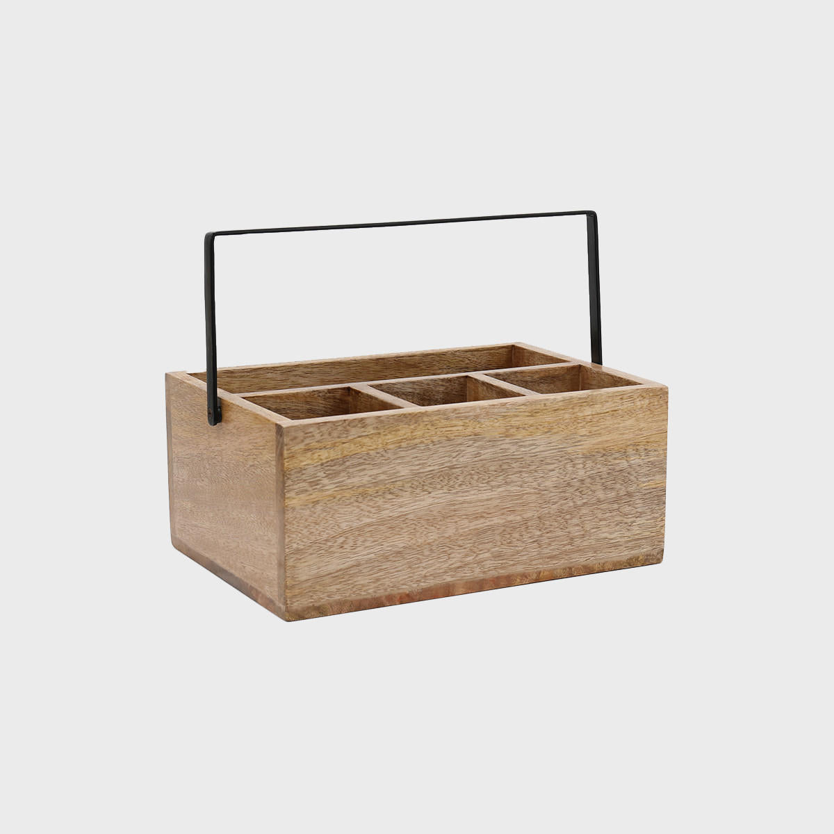 Multi compartment mango wood caddy with black iron handle with structured, low-profile walls and open-top design.