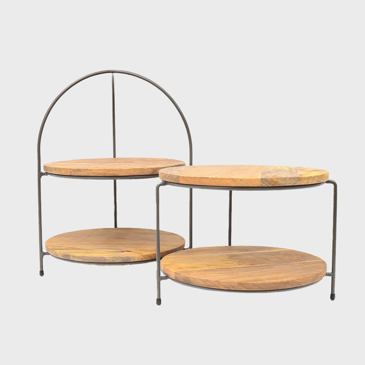 Leander metal tiered riser with mango wood serving board designed to add functional height and dimension.