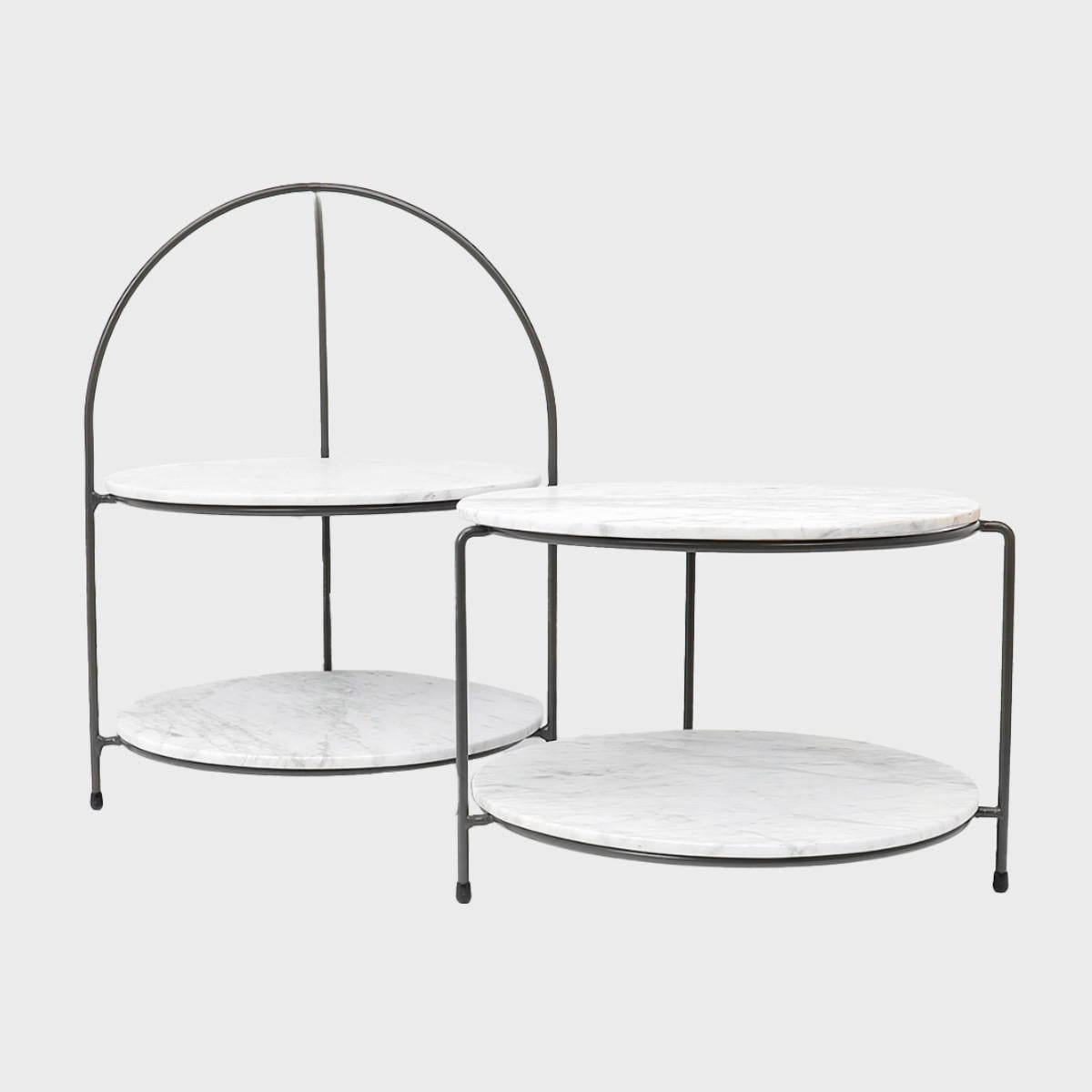 Leander metal tiered riser with light grey marble serving board with polished grey marble texture adding dimension.