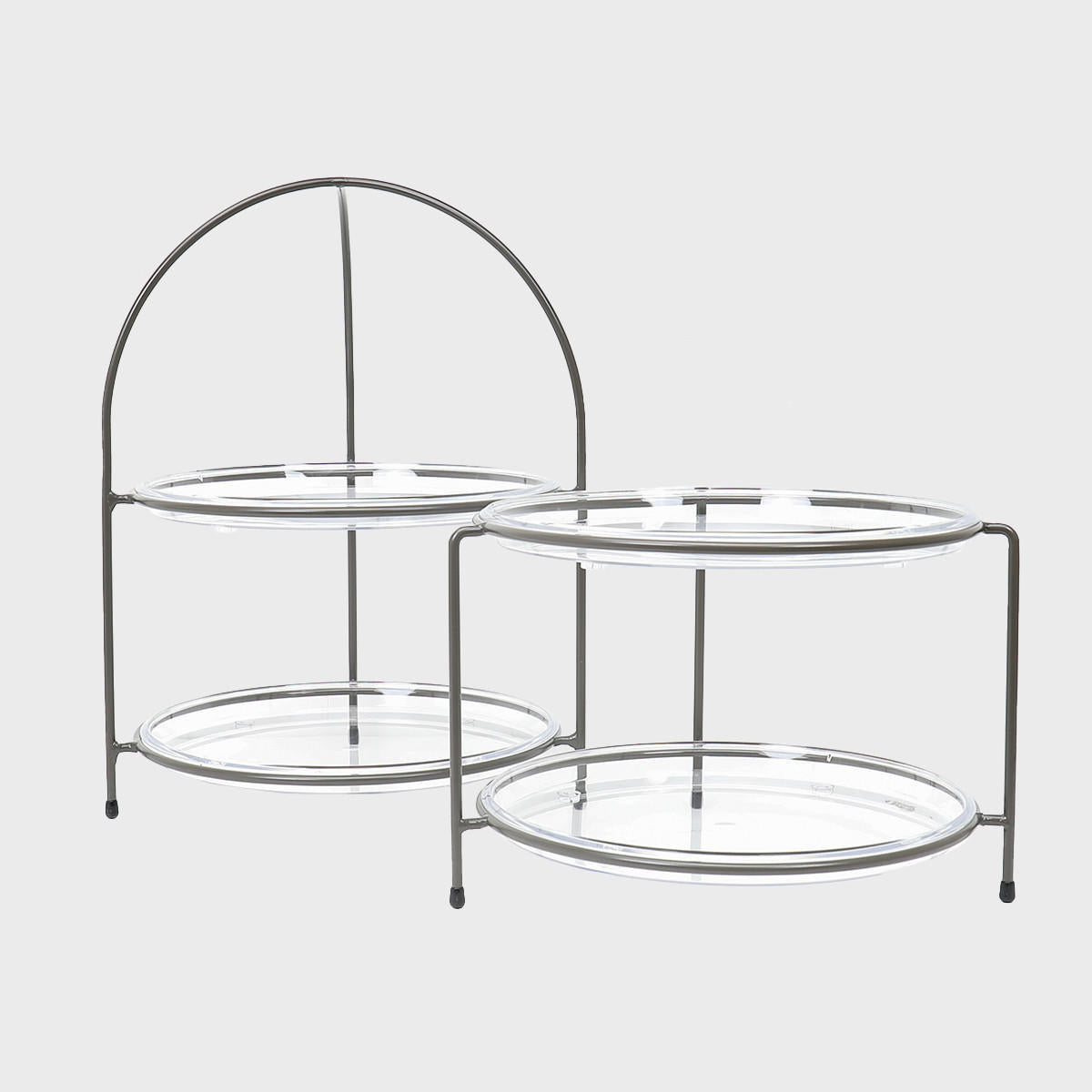 Leander metal tiered riser with handle and acrylic tray designed to add functional height and dimension.