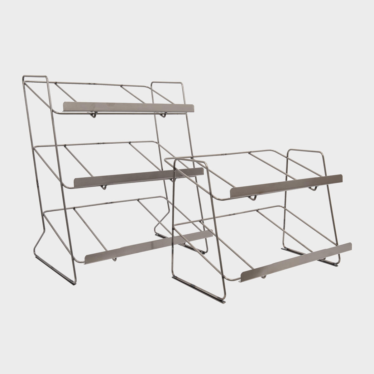 Railton tiered steel counter top display unit featuring a multi-tiered layout for product positioning.