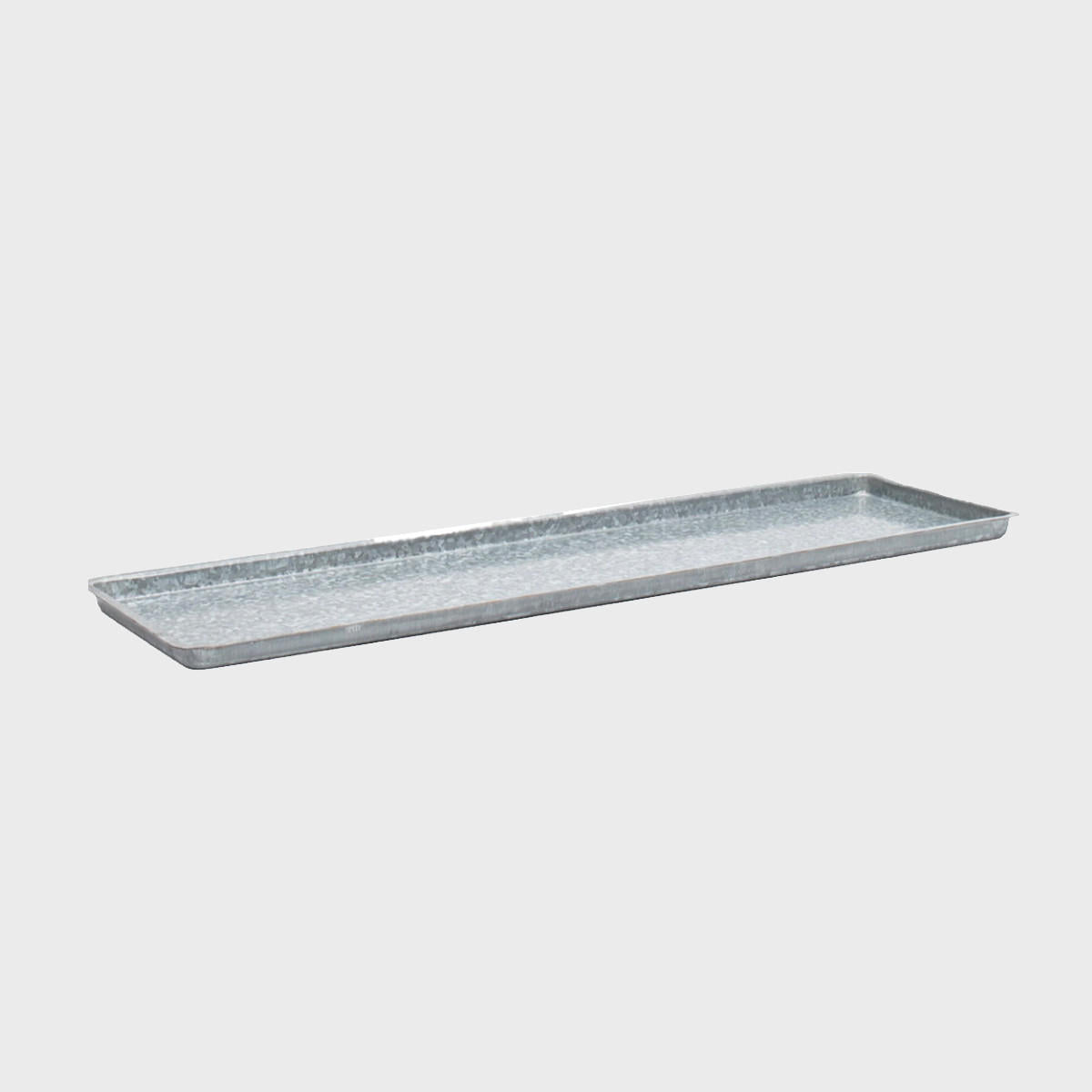 Galvanized tray with structured, low-profile walls and open-top design.