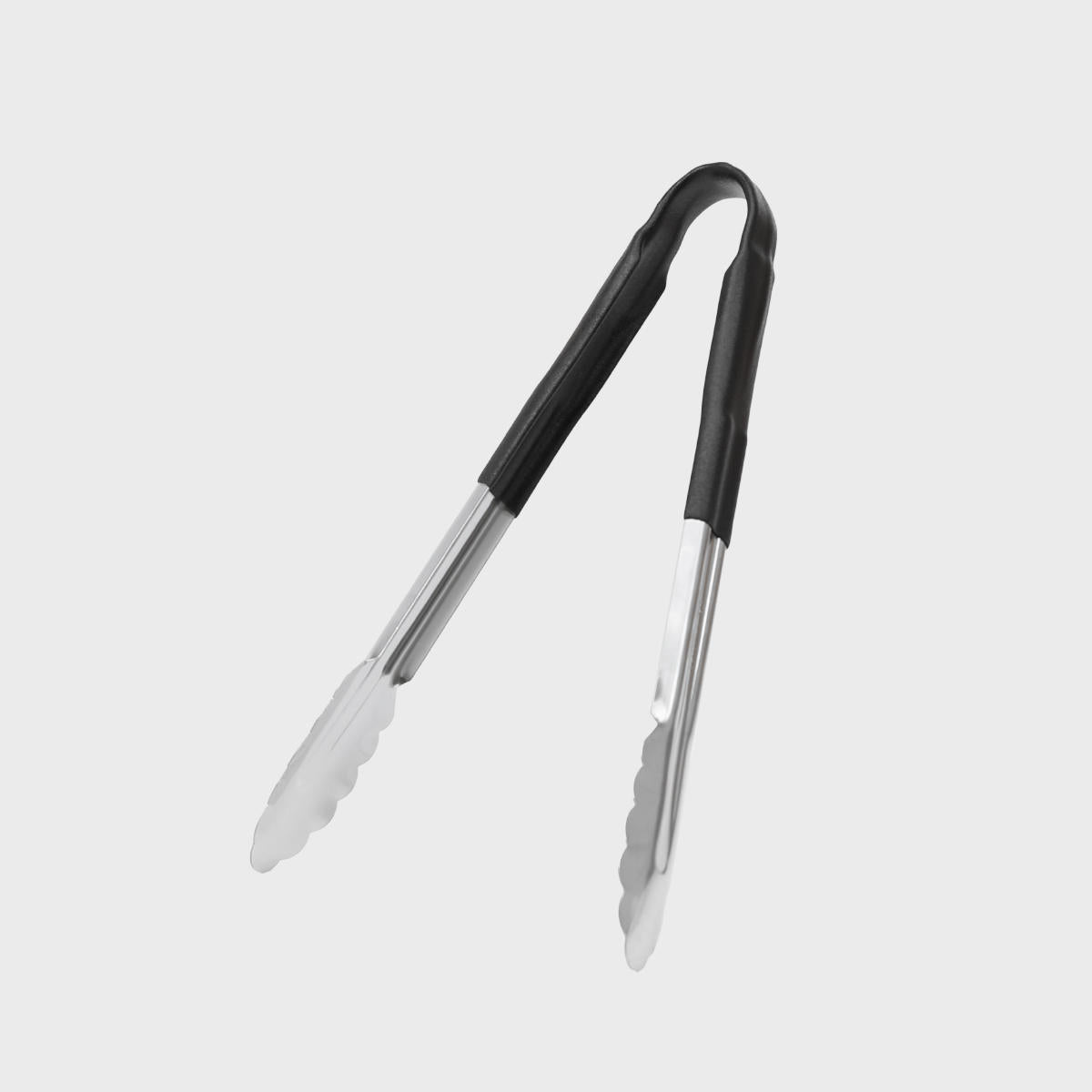 Stainless steel serving tongs with black vinyl grip.