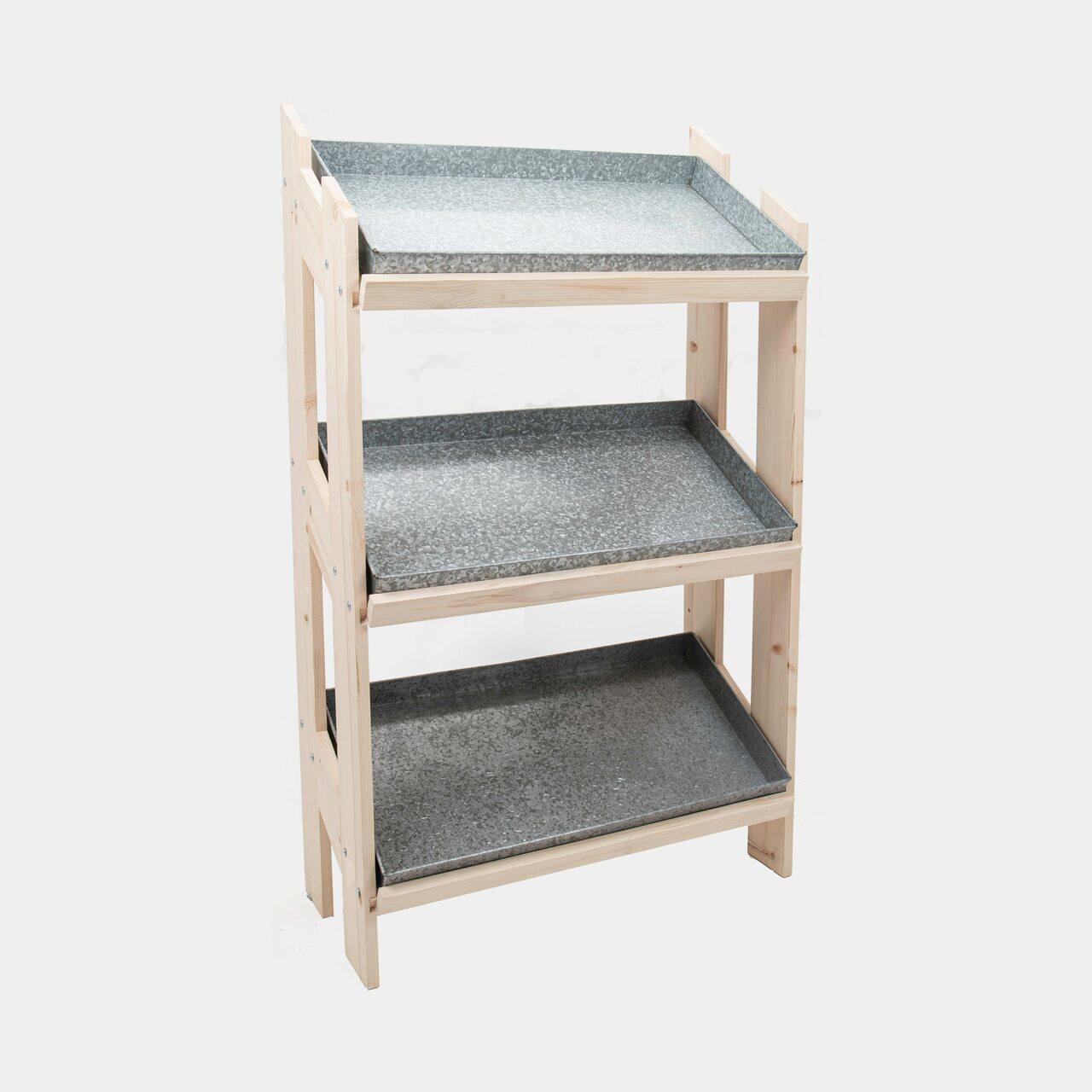 Norwood 3-shelf stand with galvanised trays and blackboard 820 with a clean surface for visible retail messaging.