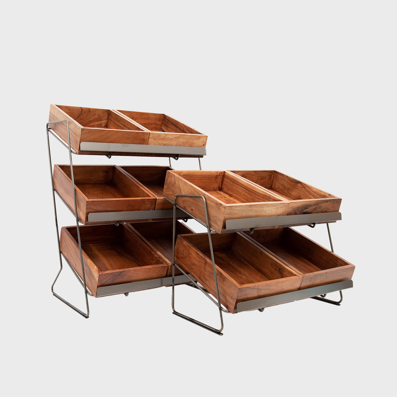 Railton tiered counter top display unit with small acacia trays featuring a multi-tiered layout for product positioning.