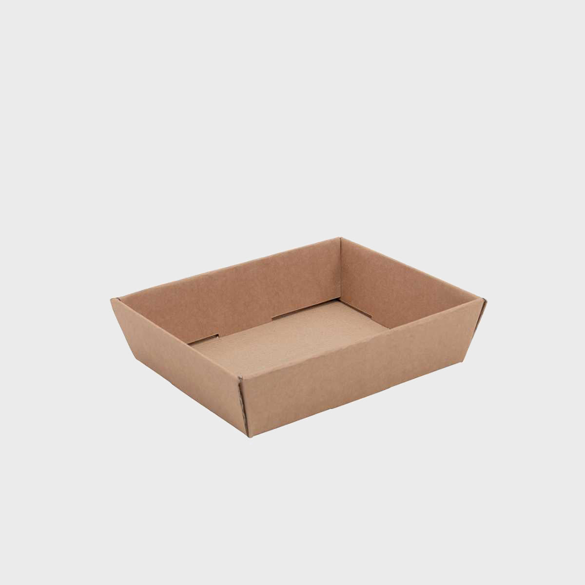 Small kraft half height card tray with structured, low-profile walls and open-top design.