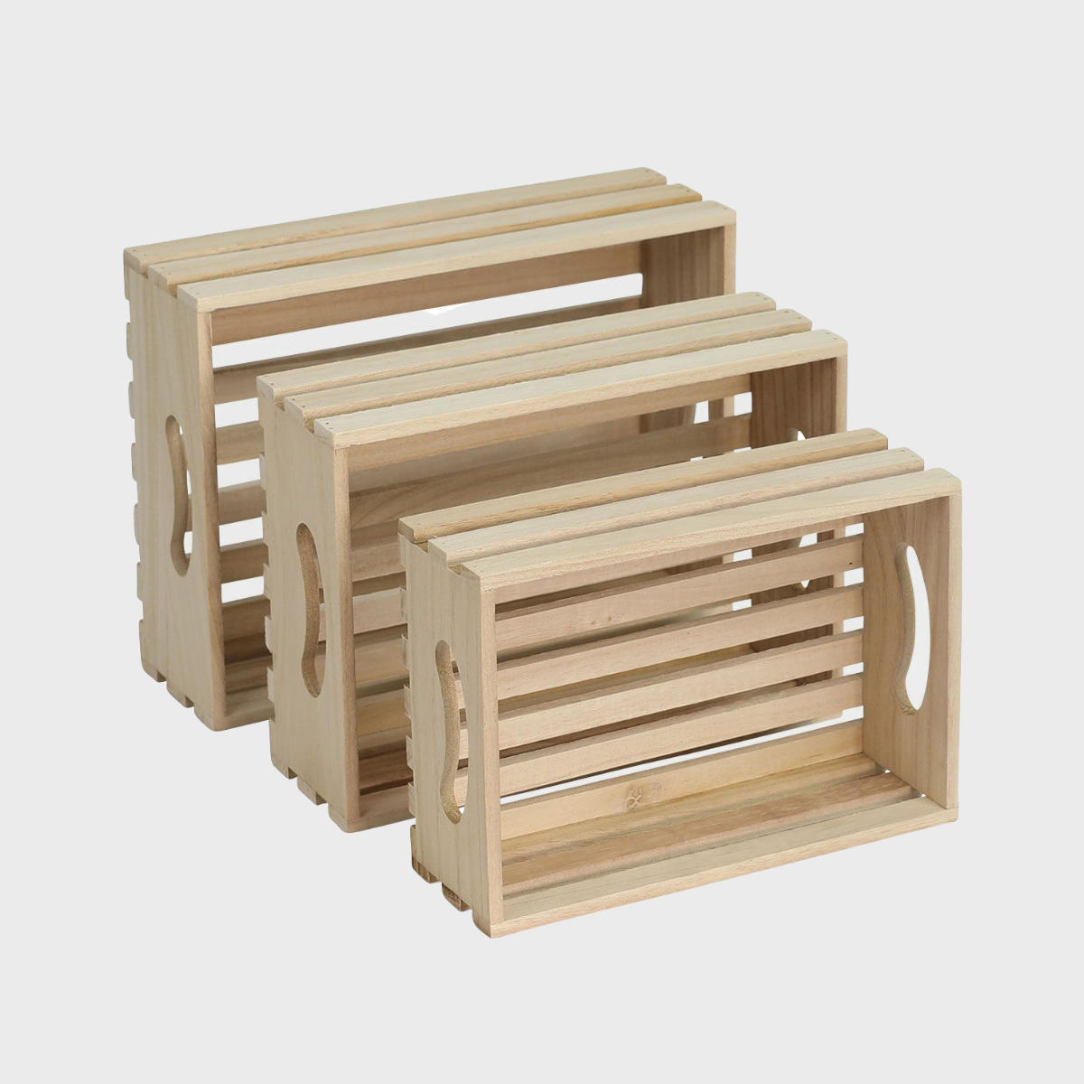 Wooden slatted trays nested (set of 3) with structured, low-profile walls and open-top design.