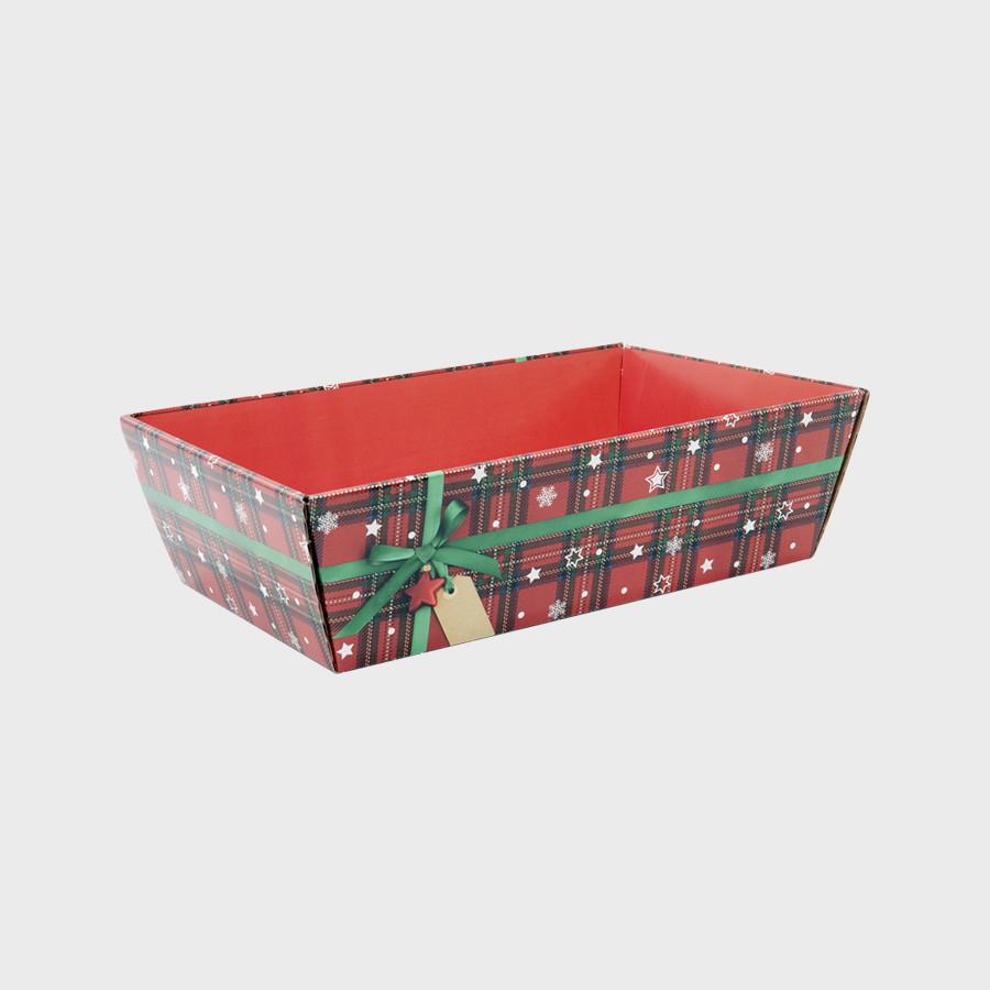Christmas tartan gift tray with structured, low-profile walls and open-top design.