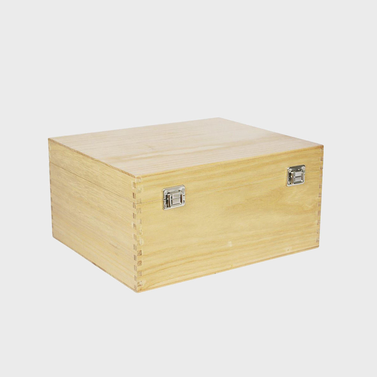 6 bottle wooden with hinged lid box with premium natural wood grain and secure hardware closures.