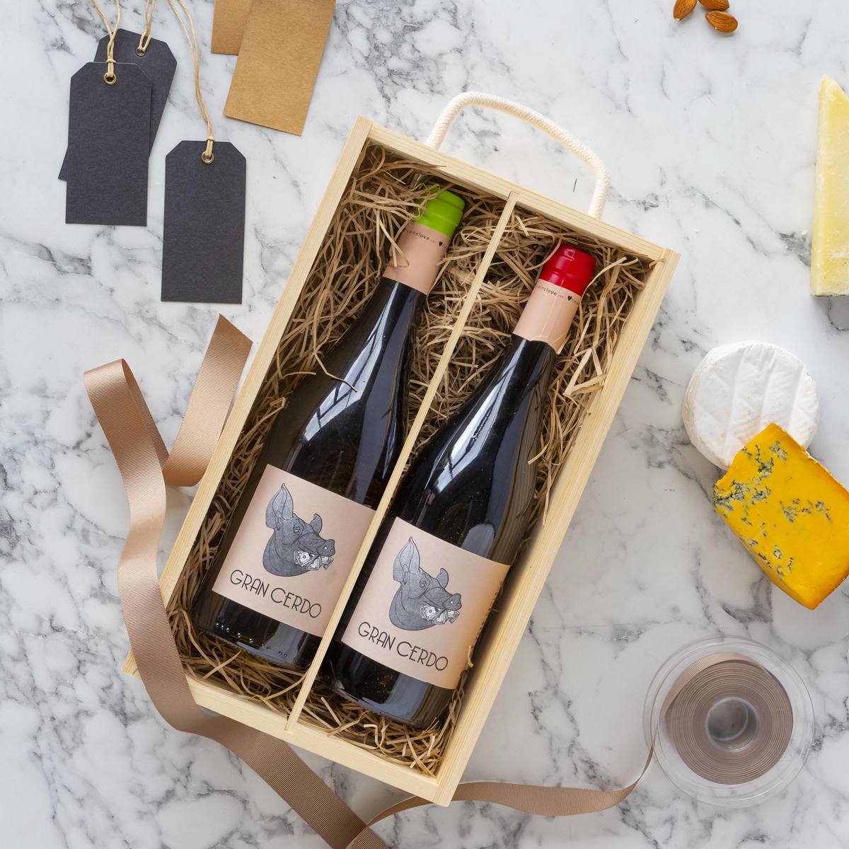 2 Bottle wooden box with rope handle with premium natural wood grain and secure hardware closures.