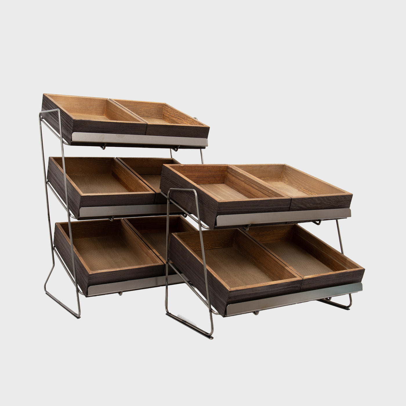 Railton tiered countertop display unit with small wooden trays featuring a multi-tiered layout for product positioning.