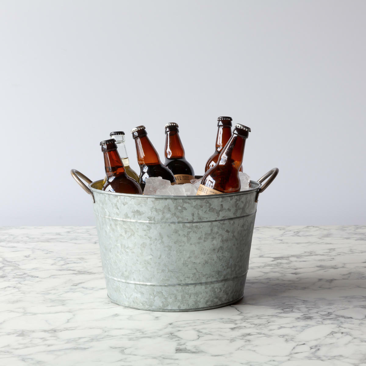 Metal display bucket.