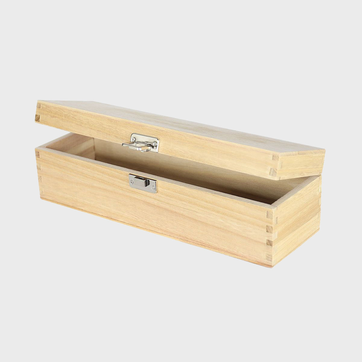 1 bottle tung wooden wine box with hinged lid with premium natural wood grain and secure hardware closures.