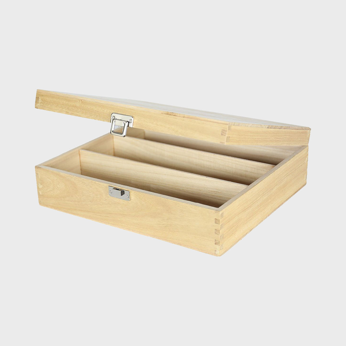 3 Bottle hinged wooden gift box with premium natural wood grain and secure hardware closures.