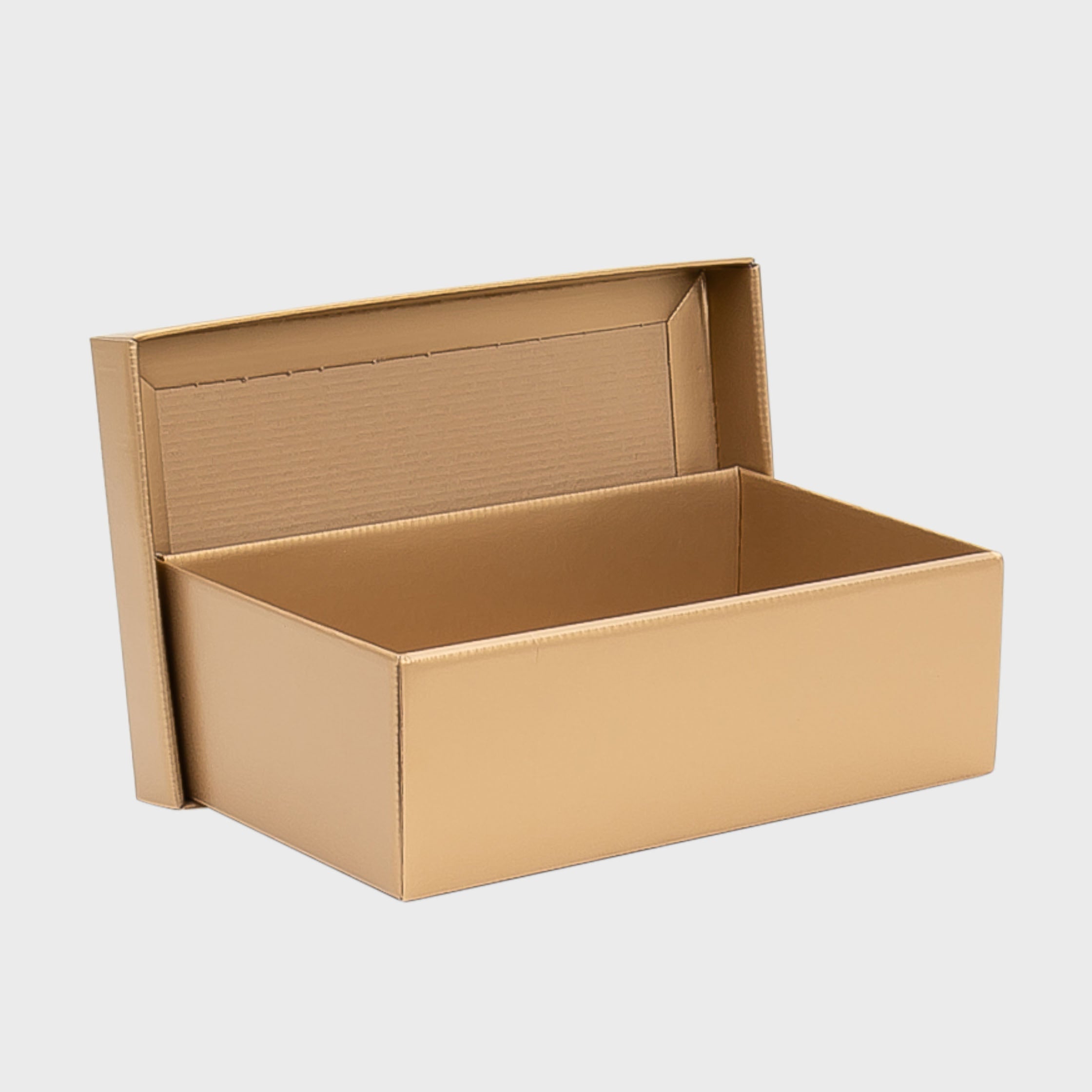 Small 12 inch gold gift box with drop on lid from high-density rigid paperboard.