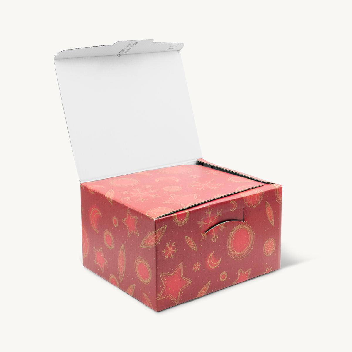 6 bottle red snowflake front opening stacked gift box open from high-density rigid paperboard.