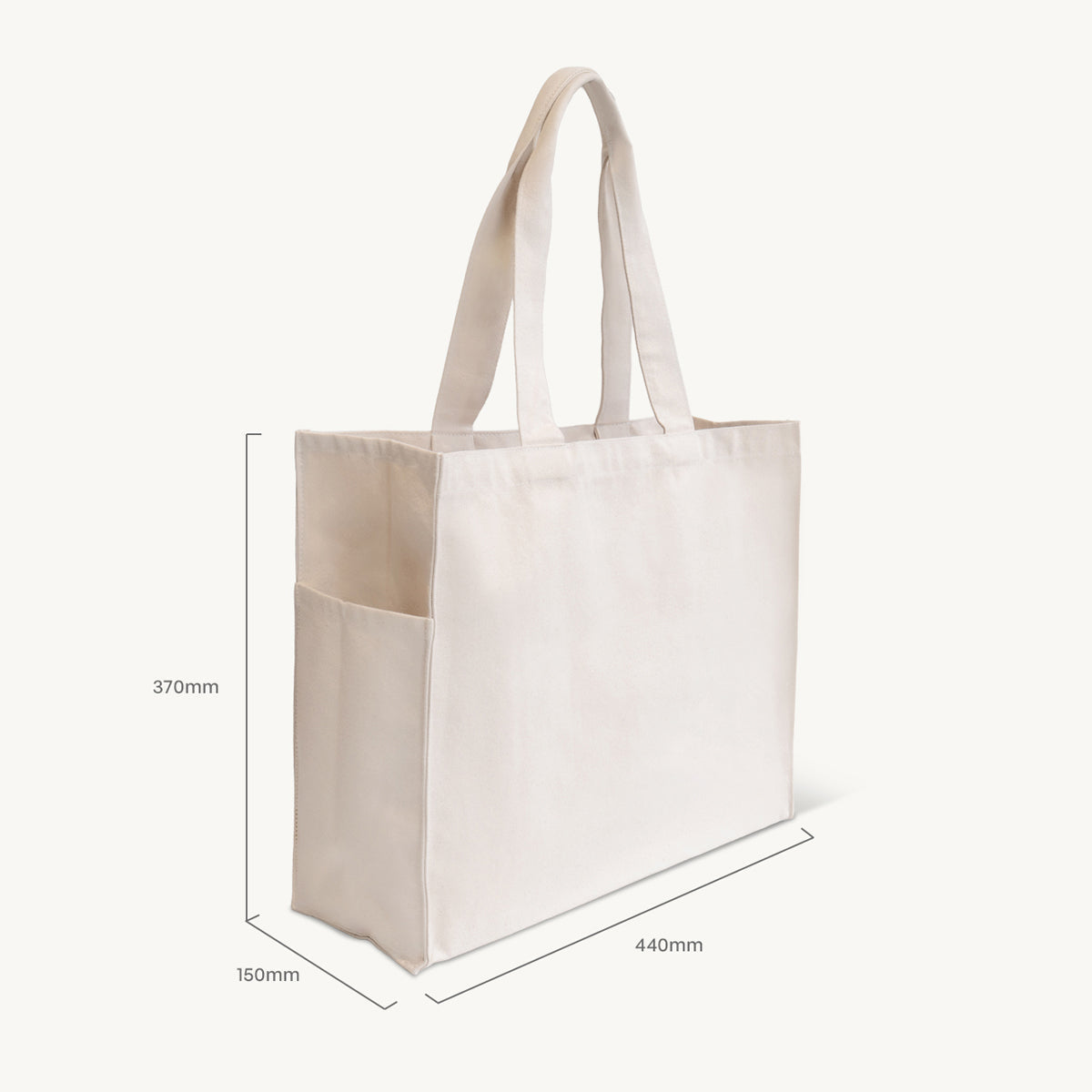 Large natural 12oz washed recycled canvas bag with side pocket.