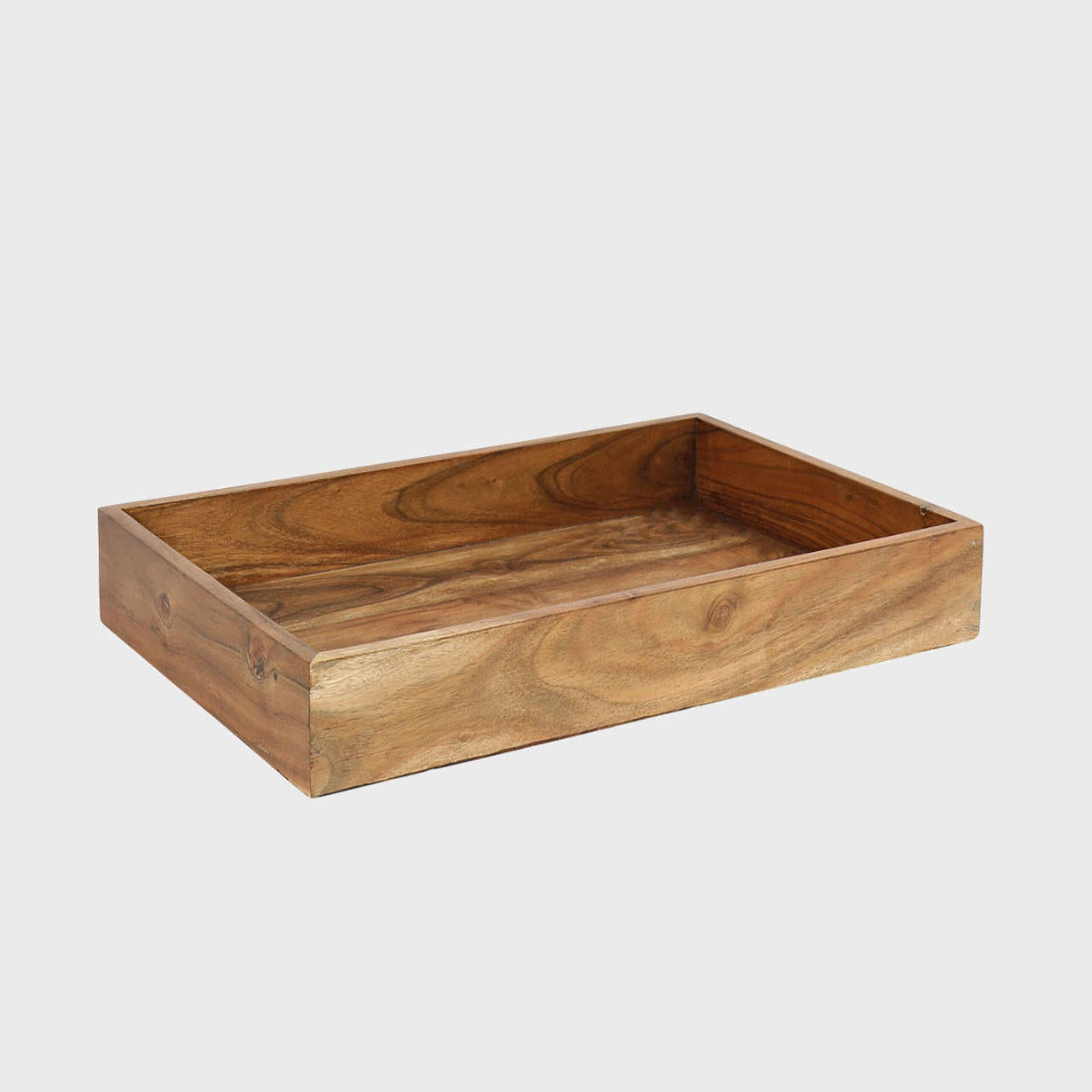 Railton acacia wood display tray with structured, low-profile walls and open-top design.