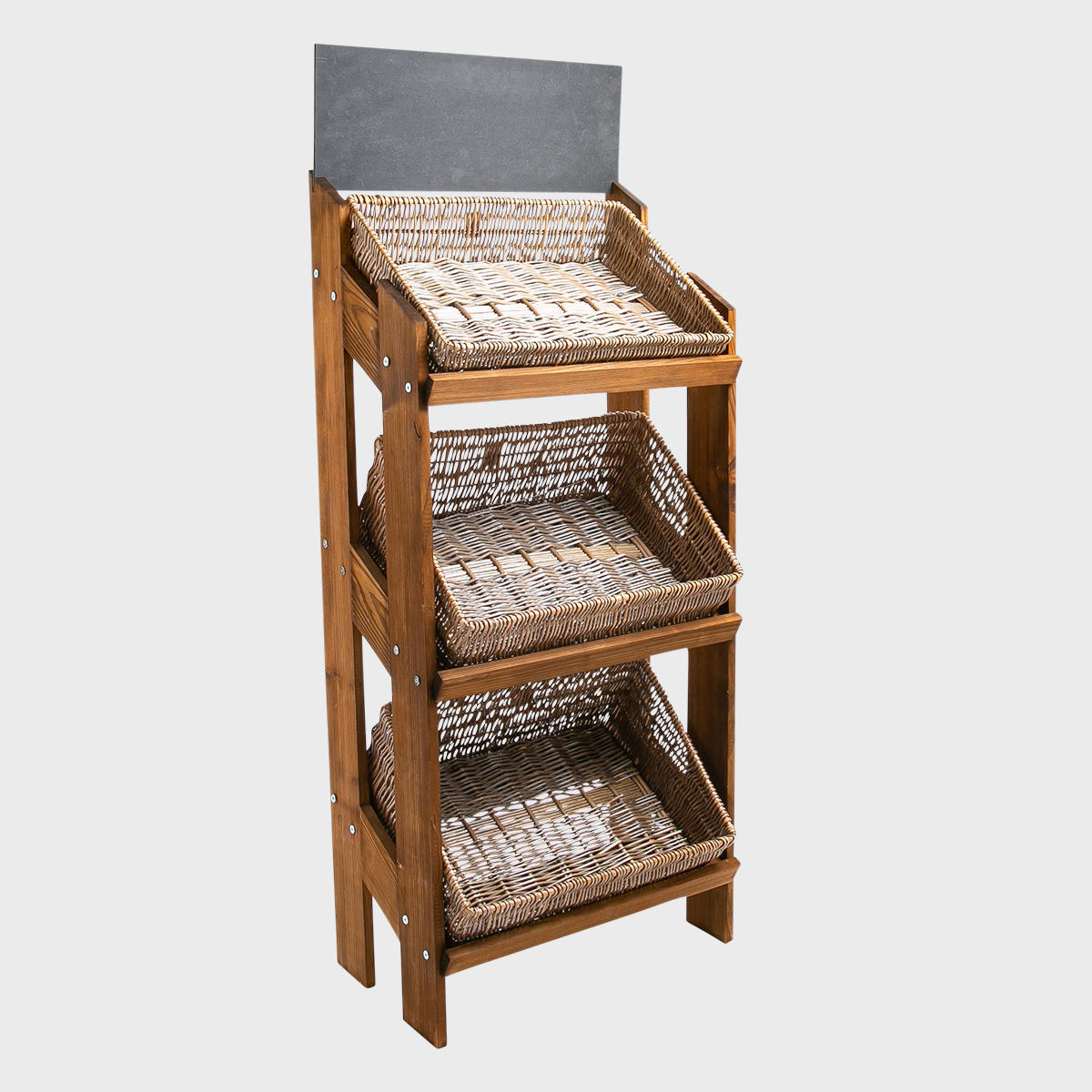 Norwood 3-shelf dark oak stand with angled wide rustic wicker 650.